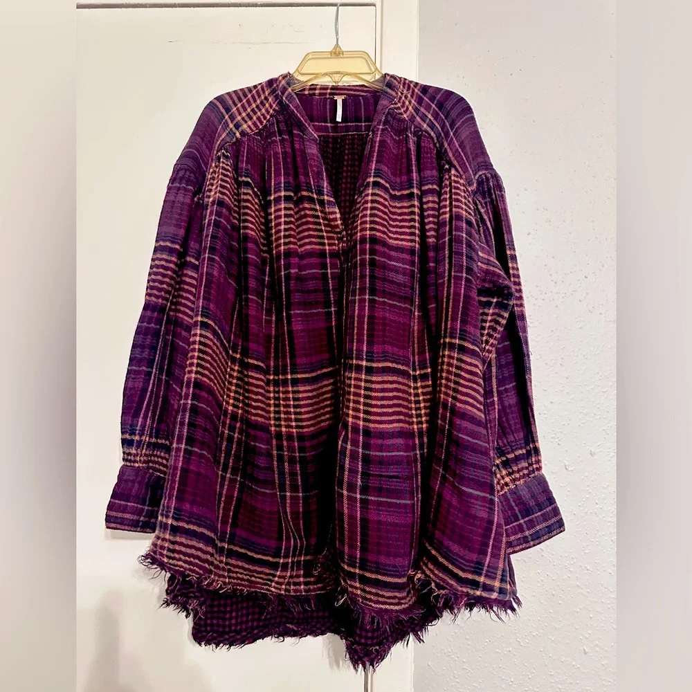 Free People Come On Over Plaid Tunic Swing Plaid Button Down XS Boho Fall